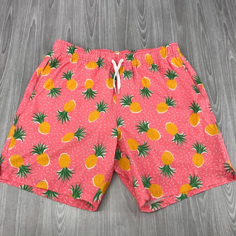 Bearbottom Swim Trunks Men’s Large Pink Pineapple‎ Print Pockets Beach Surf 7”